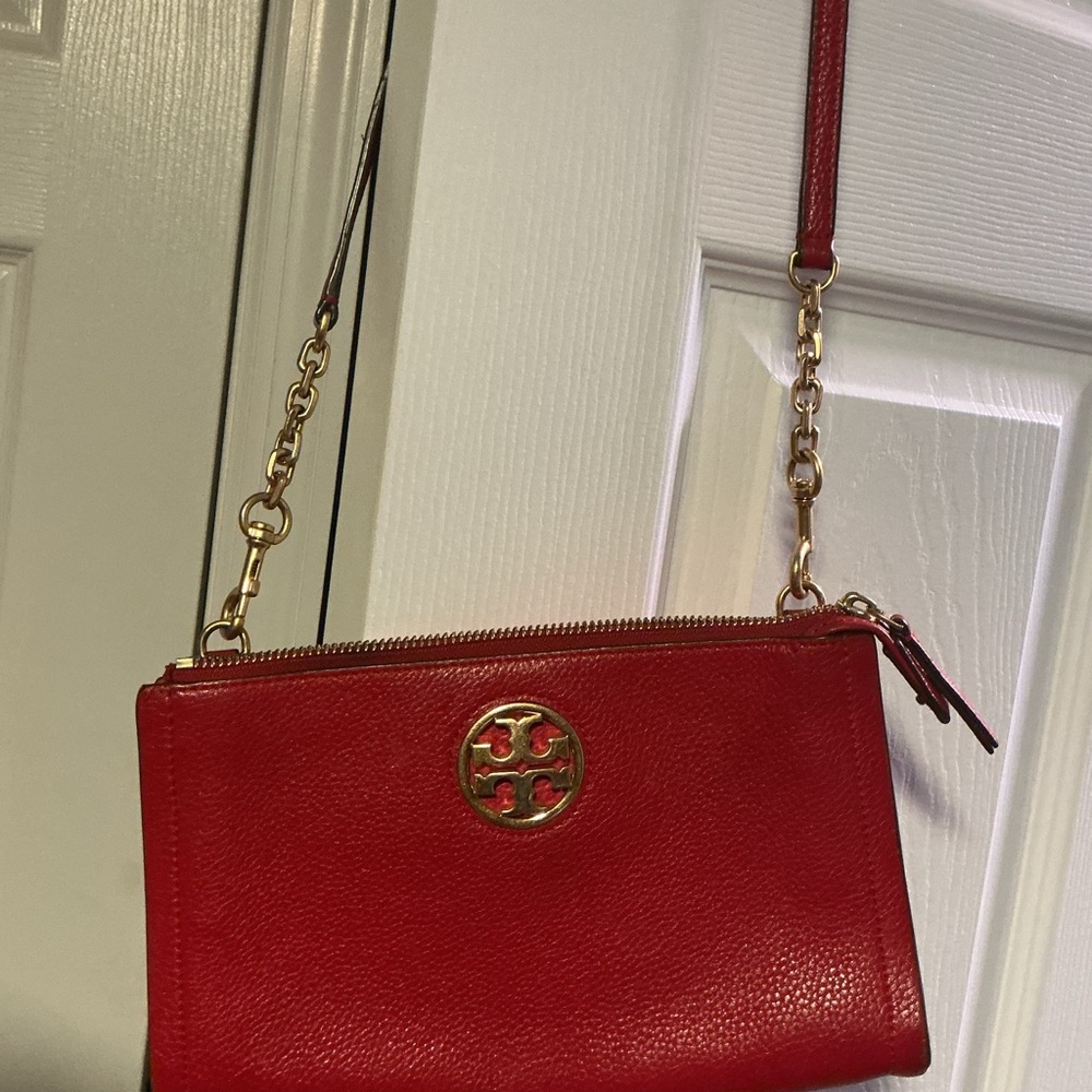 Tory Burch Red Leather Crossbody with Gold Chain